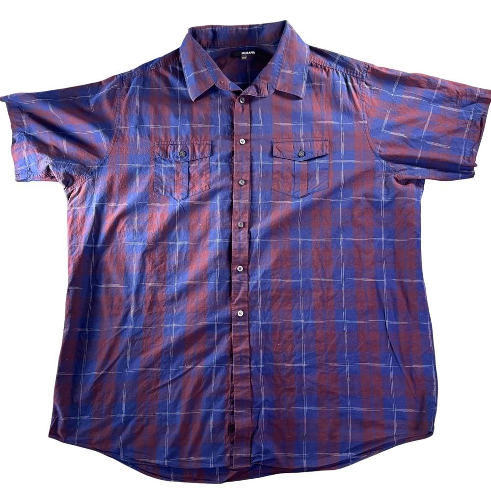 Murano‎ Mens 3XT Plaid Button Down Shirt Short Sleeve Burgundy Blue Big and Tall